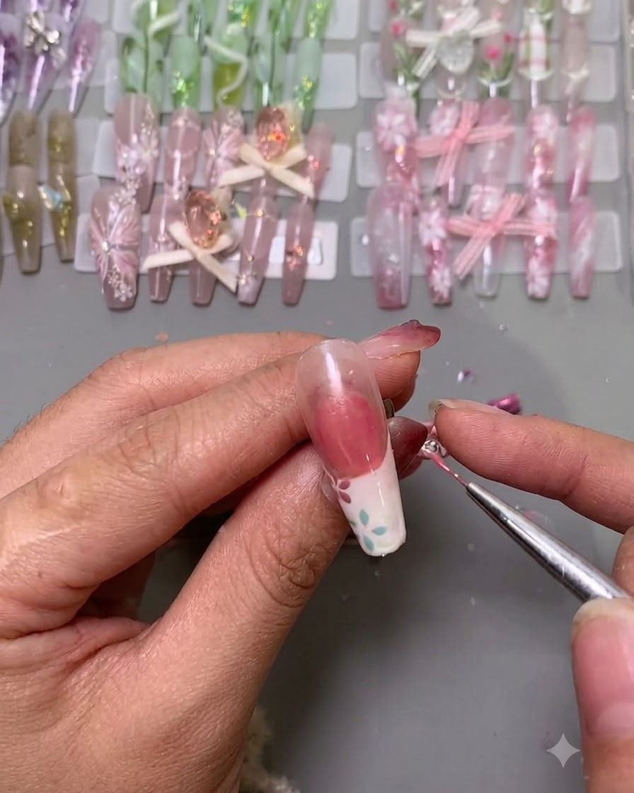 Un pinceau fin plaçant de minuscules embellissements au centre des fleurs peintes sur un ongle.