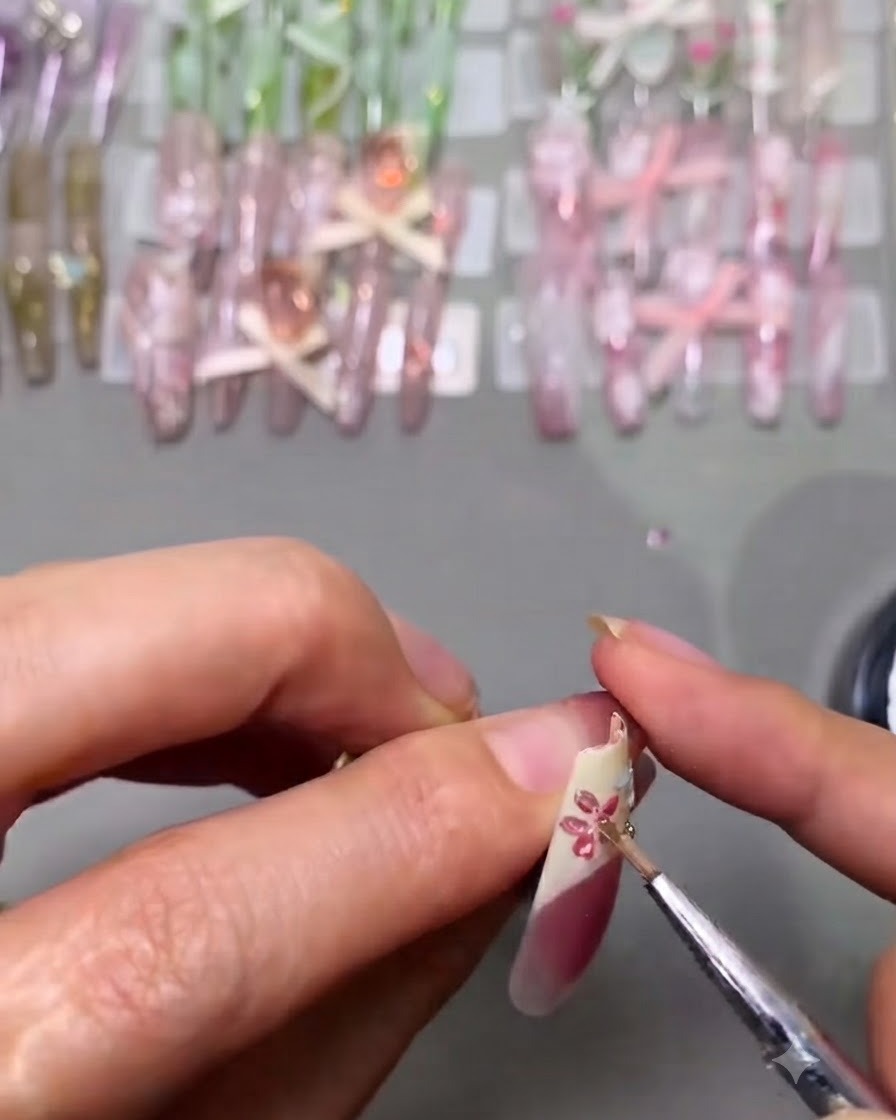 Gros plan détaillé dune prothésiste ongulaire appliquant du gel transparent épais sur des motifs floraux peints en bleu et jaune.