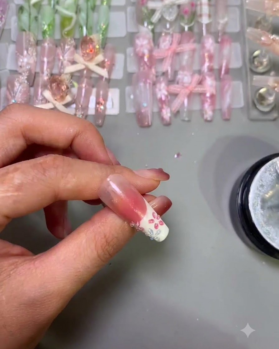 Une paire de brucelles tenant une minuscule perle blanche au-dessus du centre en gel humide dune fleur dongle 3D rose.