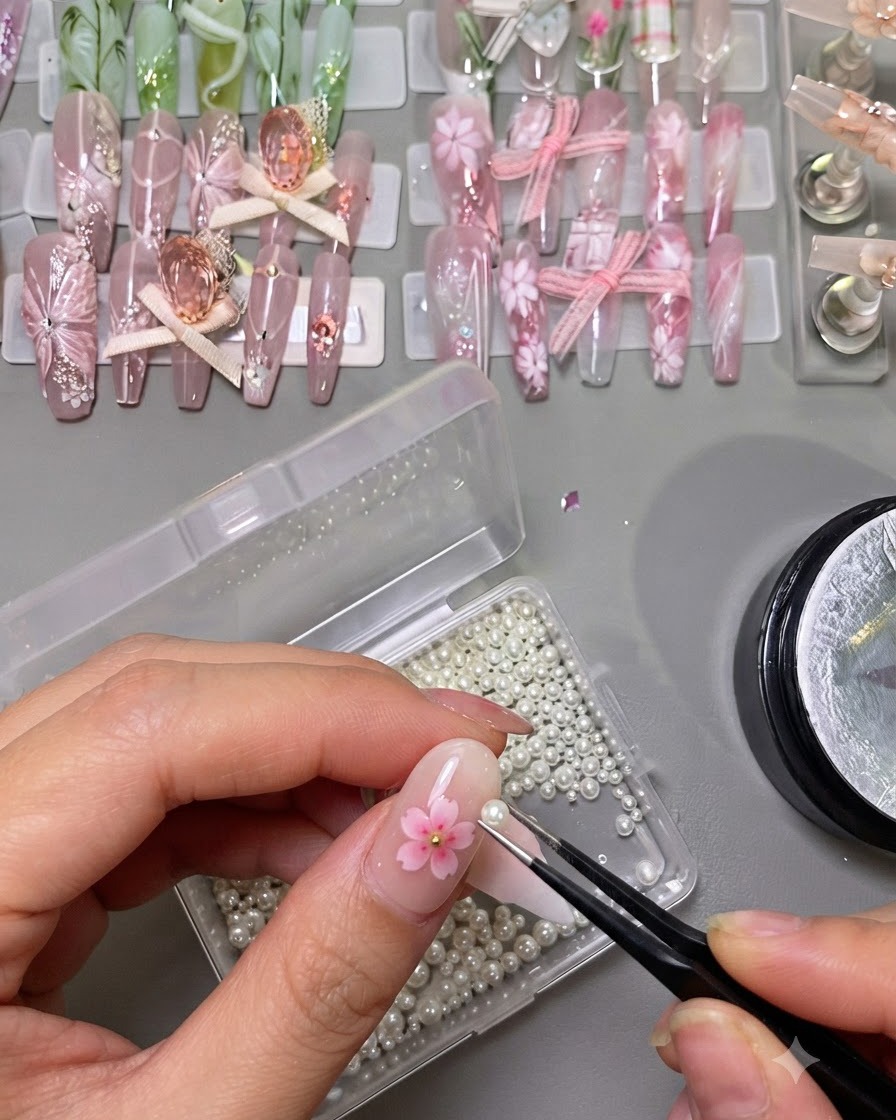 Une main utilisant des pinces pour sélectionner des perles dans un disque de rangement afin de décorer plusieurs designs dongles floraux.