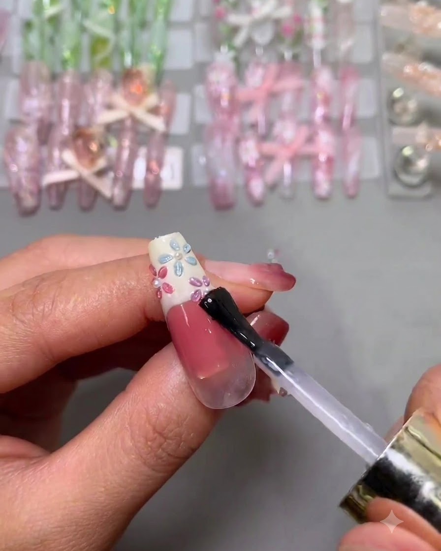 Un pinceau appliquant une dernière couche de top coat transparent et brillant sur un ongle décoré de fleurs et de perles.