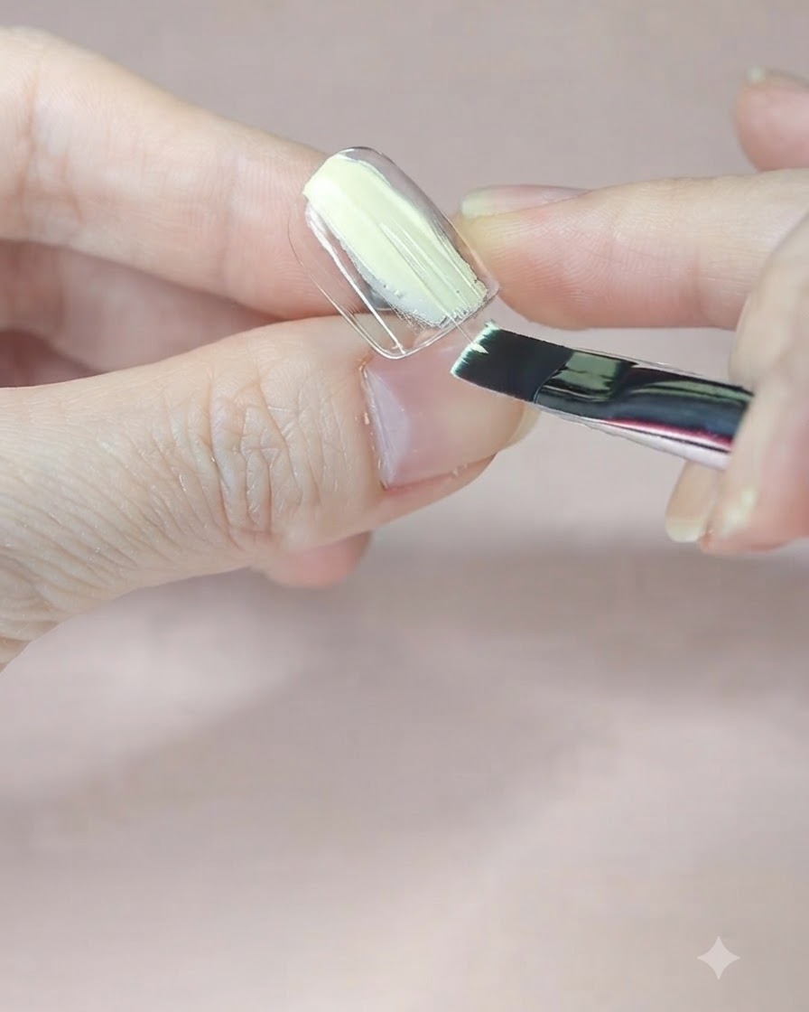 Un pinceau plat appliquant une couche de base jaune pâle sur un support dongle transparent.