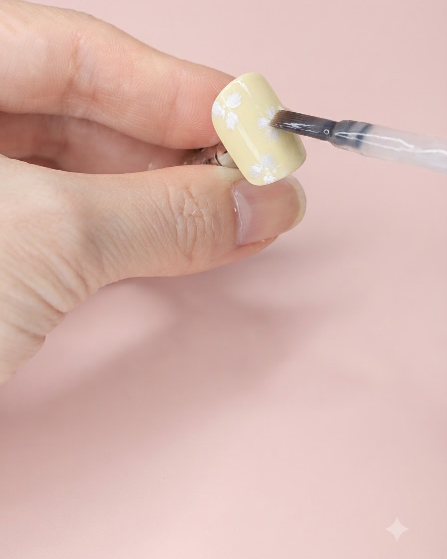 Un pinceau à ongle appliquant une couche de finition mate sur le nail art de fleurs blanches sur un ongle jaune pâle.