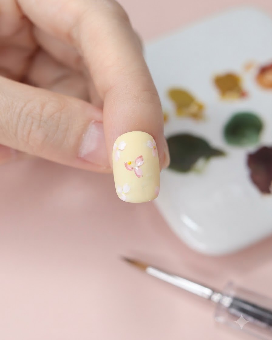 Une main tenant un ongle contre une palette tout en prélevant de laquarelle jaune avec un pinceau fin.