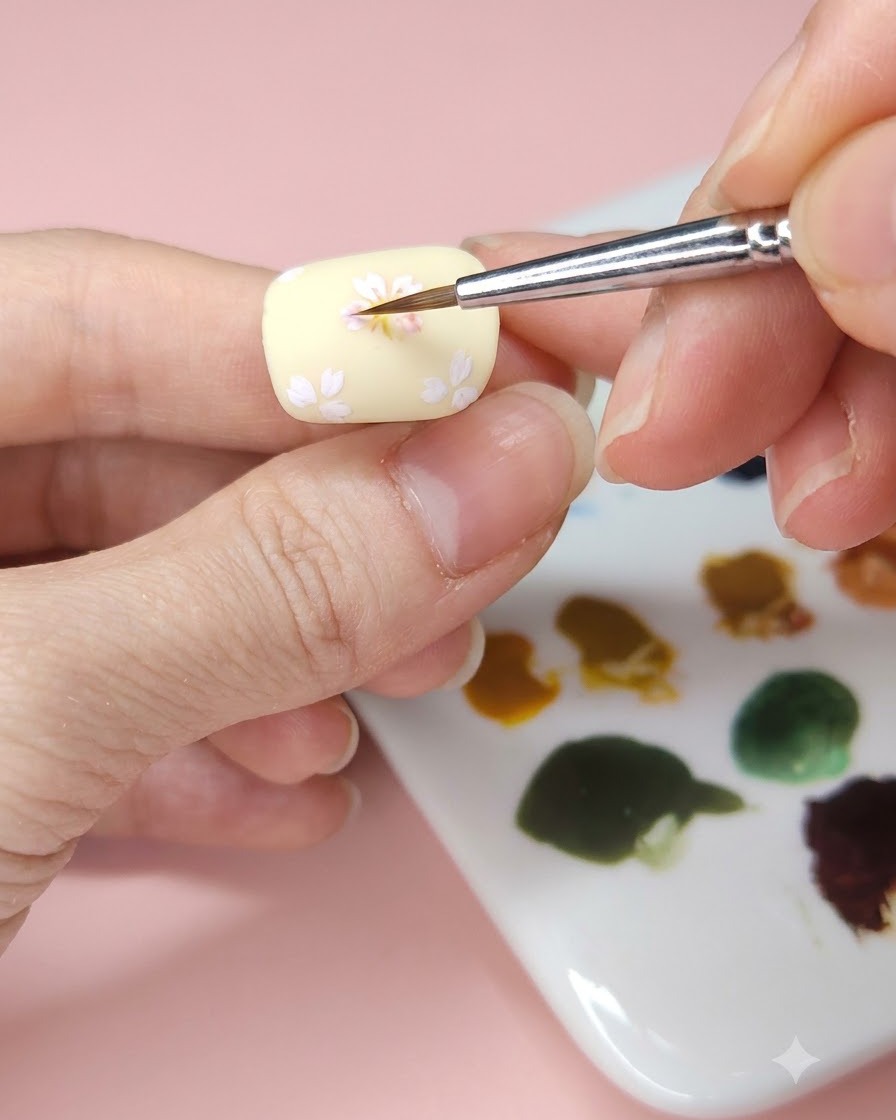Un pinceau de nail art fin tamponnant de laquarelle bleu clair sur la surface dun ongle manucuré jaune pâle.