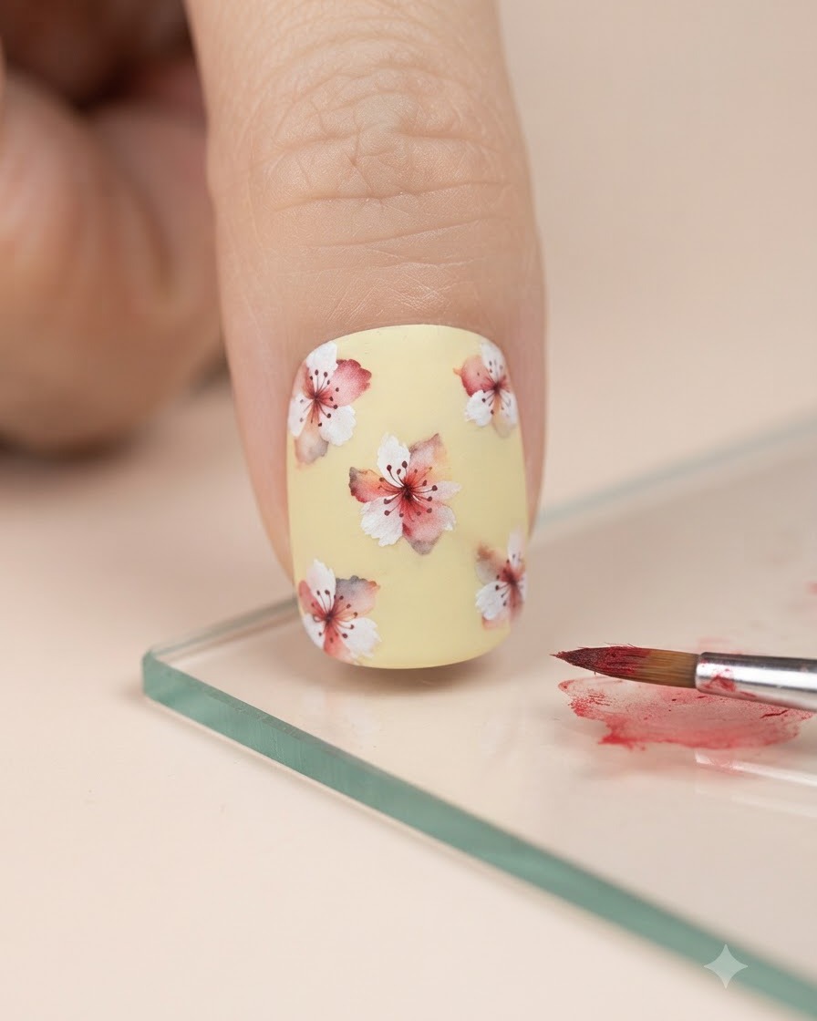 Un pinceau fin ramassant du pigment daquarelle rouge sur une palette en verre à côté de longle décoré.