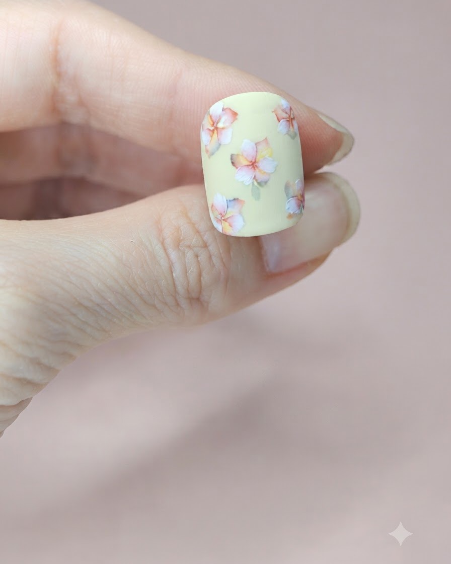Un gros plan dun ongle jaune pâle montrant une petite feuille daquarelle verte peinte à côté du bouquet floral du milieu.