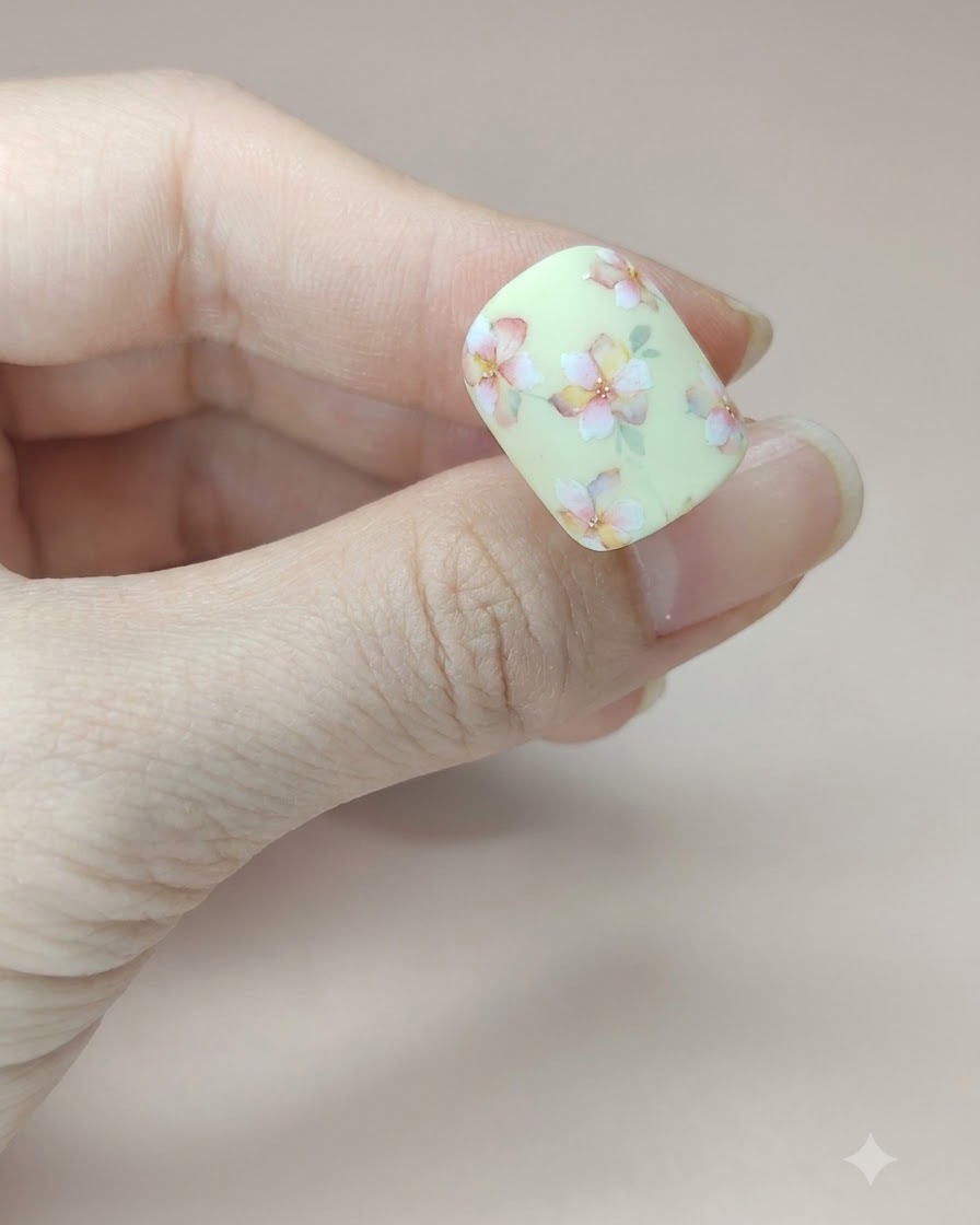 Un ongle présentant une feuille daquarelle verte délicate positionnée près du motif floral inférieur.