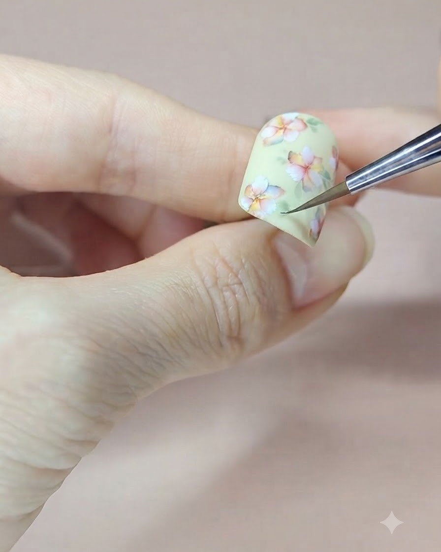 Un pinceau de détail fin ajoutant des feuilles daquarelle verte autour de la fleur supérieure sur un ongle jaune pastel.
