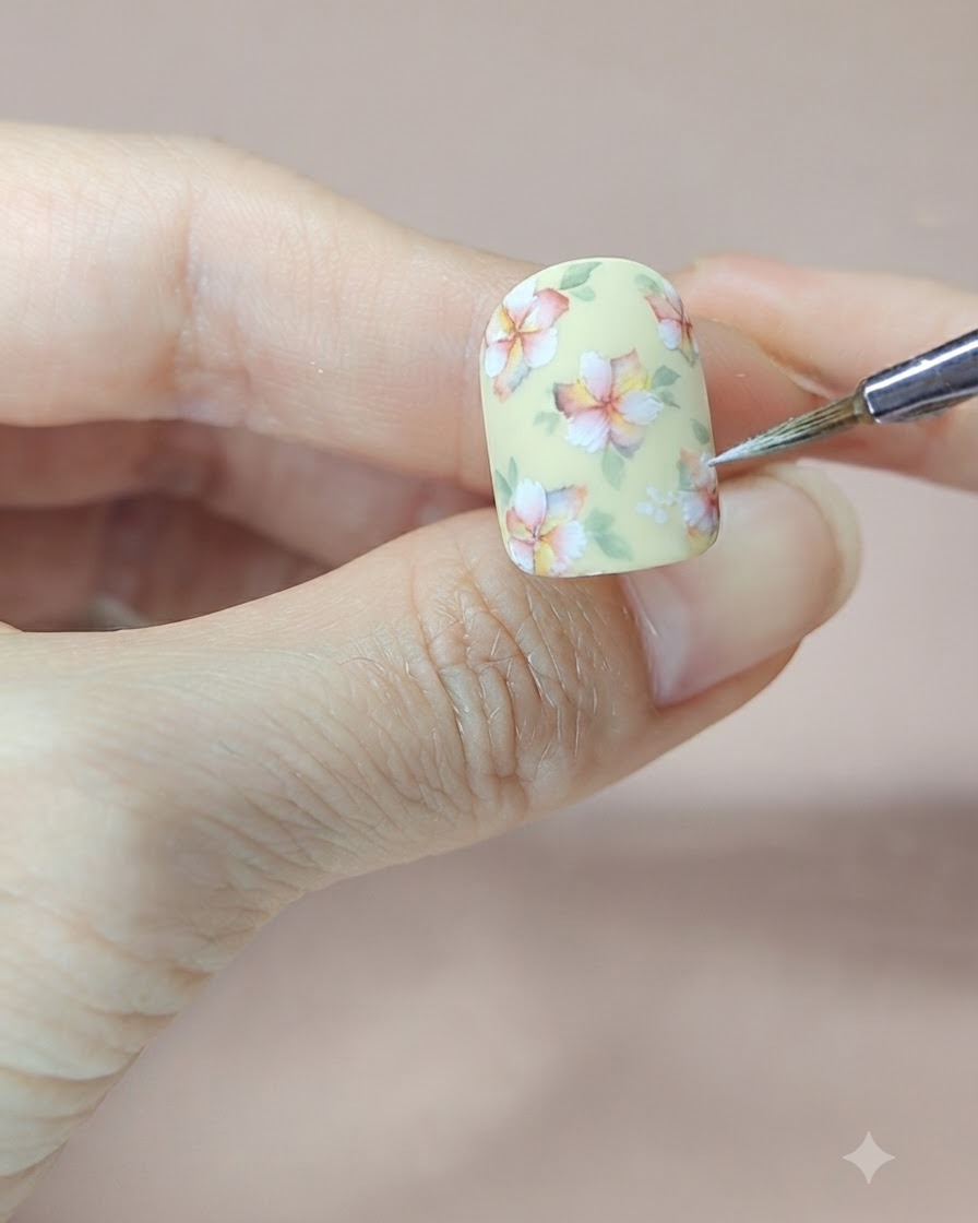 Une prothésiste ongulaire raffinant les bords des feuilles vertes et ajoutant de petits points centraux blancs au nail art floral fini.