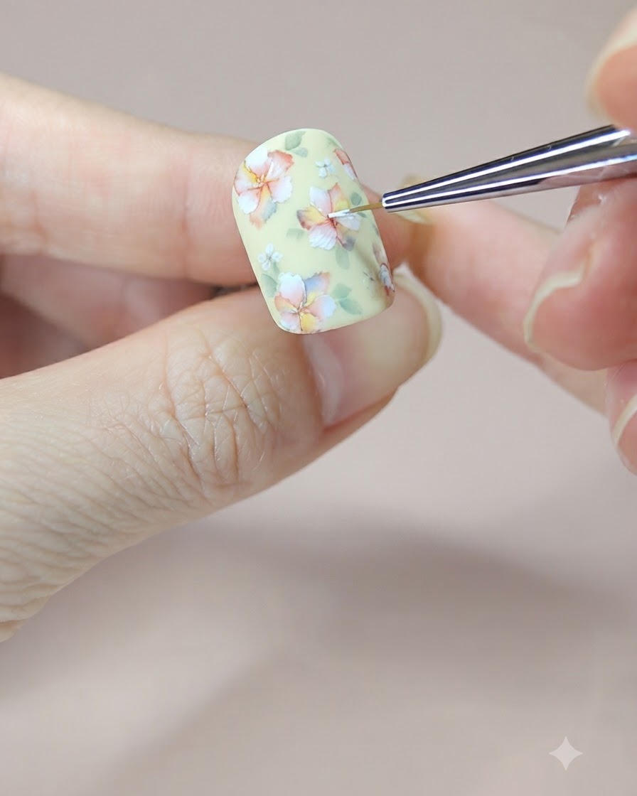Un pinceau de nail art fin plaçant un point de gel blanc au centre dune fleur peinte.