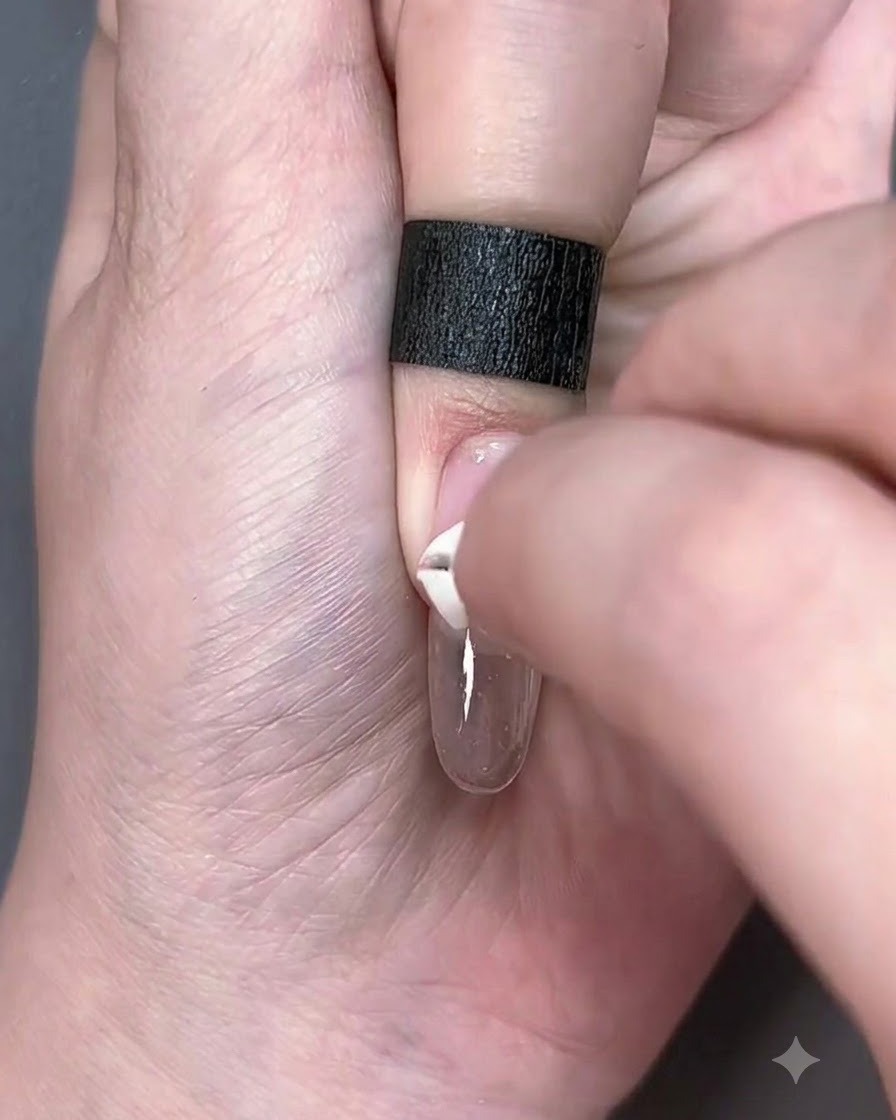 Vue rapprochée dun petit outil éponge blanc tamponnant du gel rose sur une capsule dongle transparente.