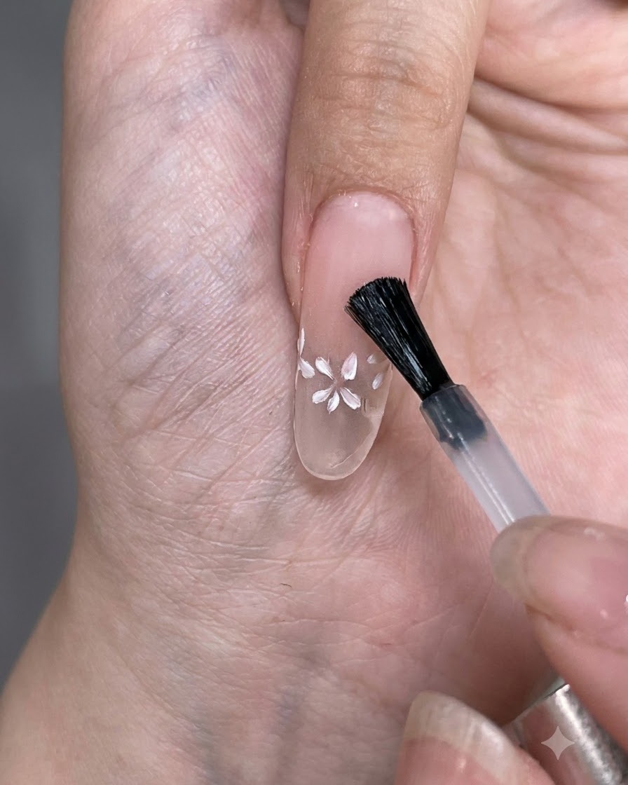 Un pinceau appliquant une couche de top coat mat sur une capsule dongle transparente avec de petites fleurs peintes en blanc.