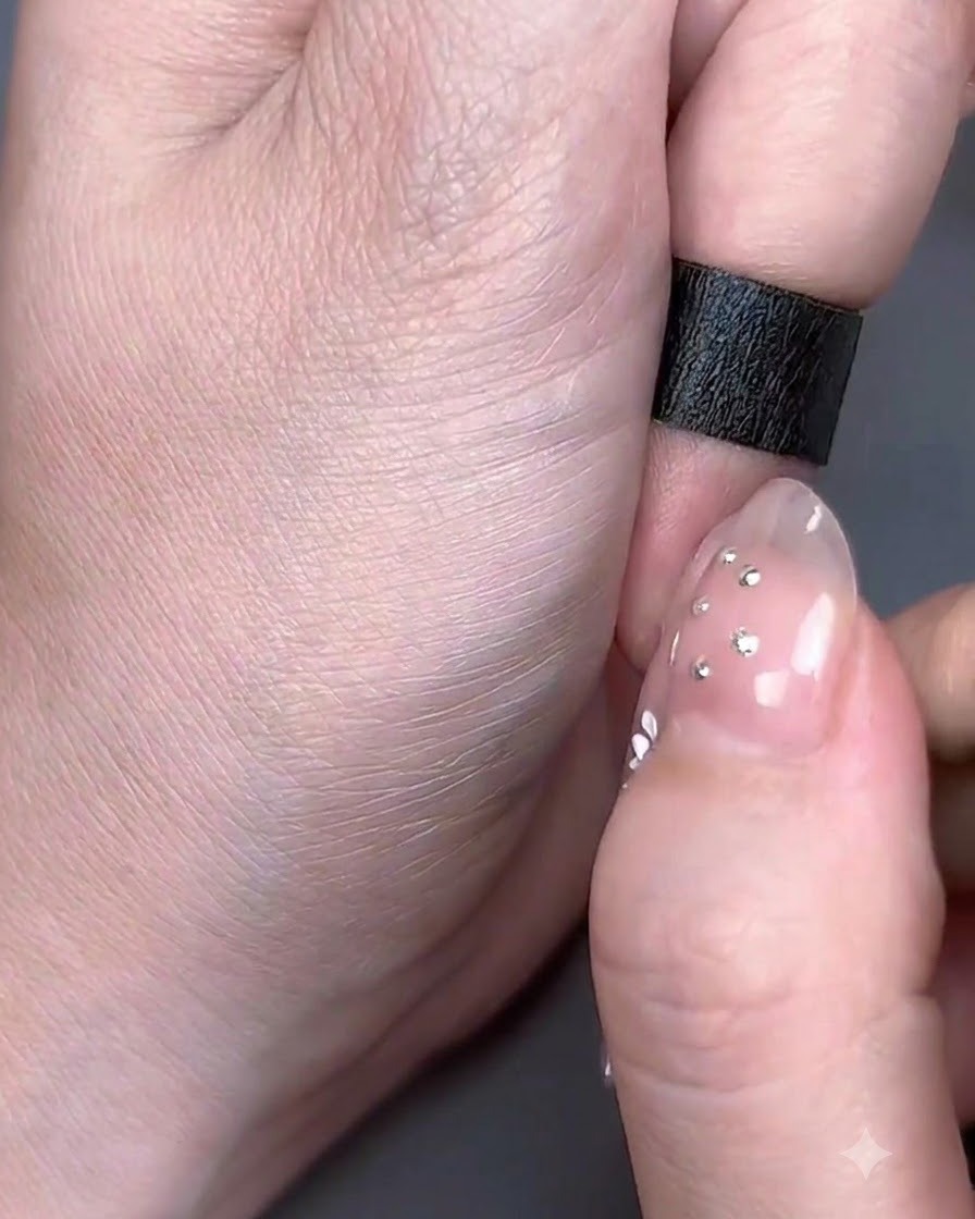 Une main travaillant sur des détails minutieux de nail art sur un ongle à pointe transparente.
