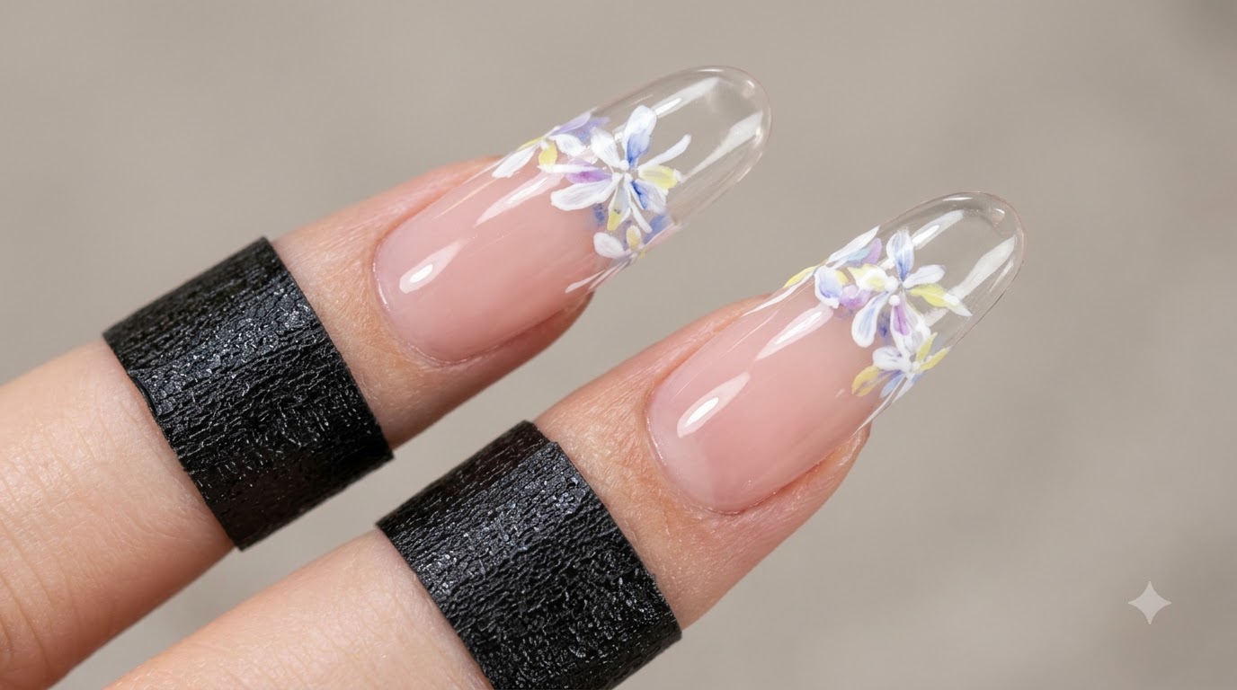 French Manucure Transparente avec Nail Art Floral Watercolor Superposé