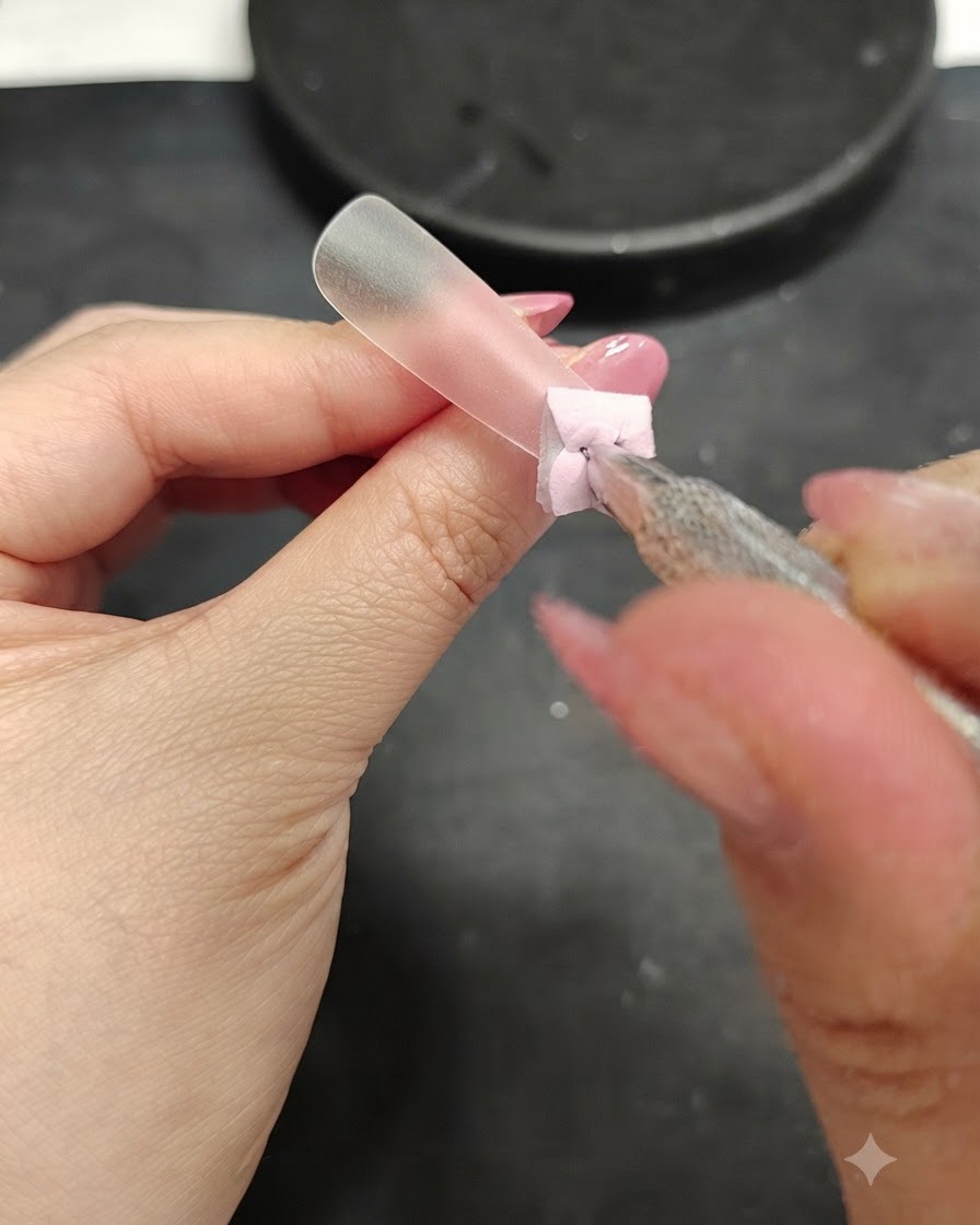 Gros plan dun outil pour ongles ajoutant des retouches finales sur un petit pétale de fleur.