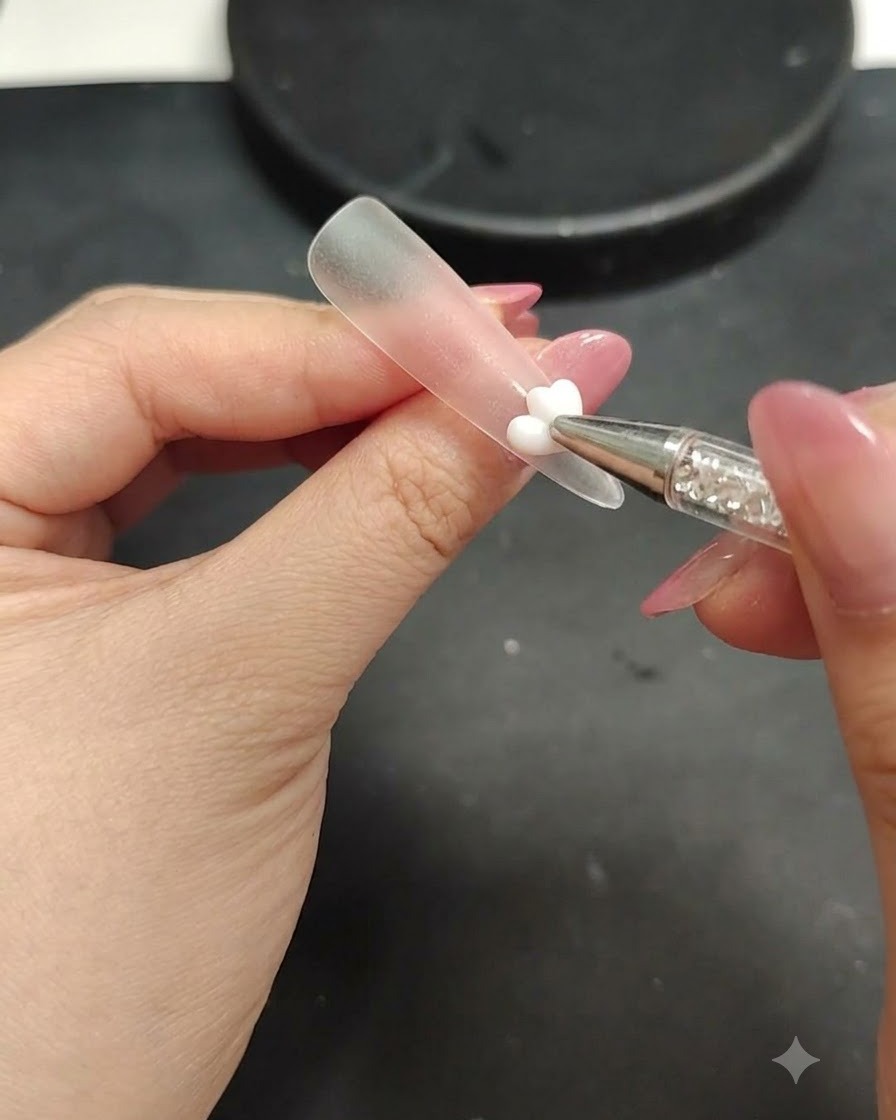 Un pinceau appliquant une dernière couche de top coat sur un design dongles printanier floral terminé.
