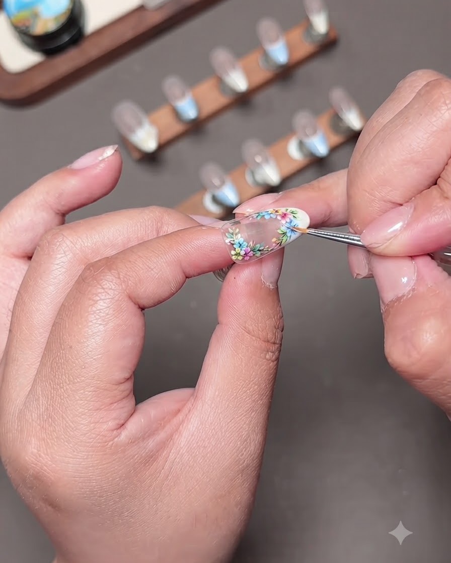Gros plan dun pinceau de nail art fin affinant les bords de petits motifs floraux sur un ongle press-on.