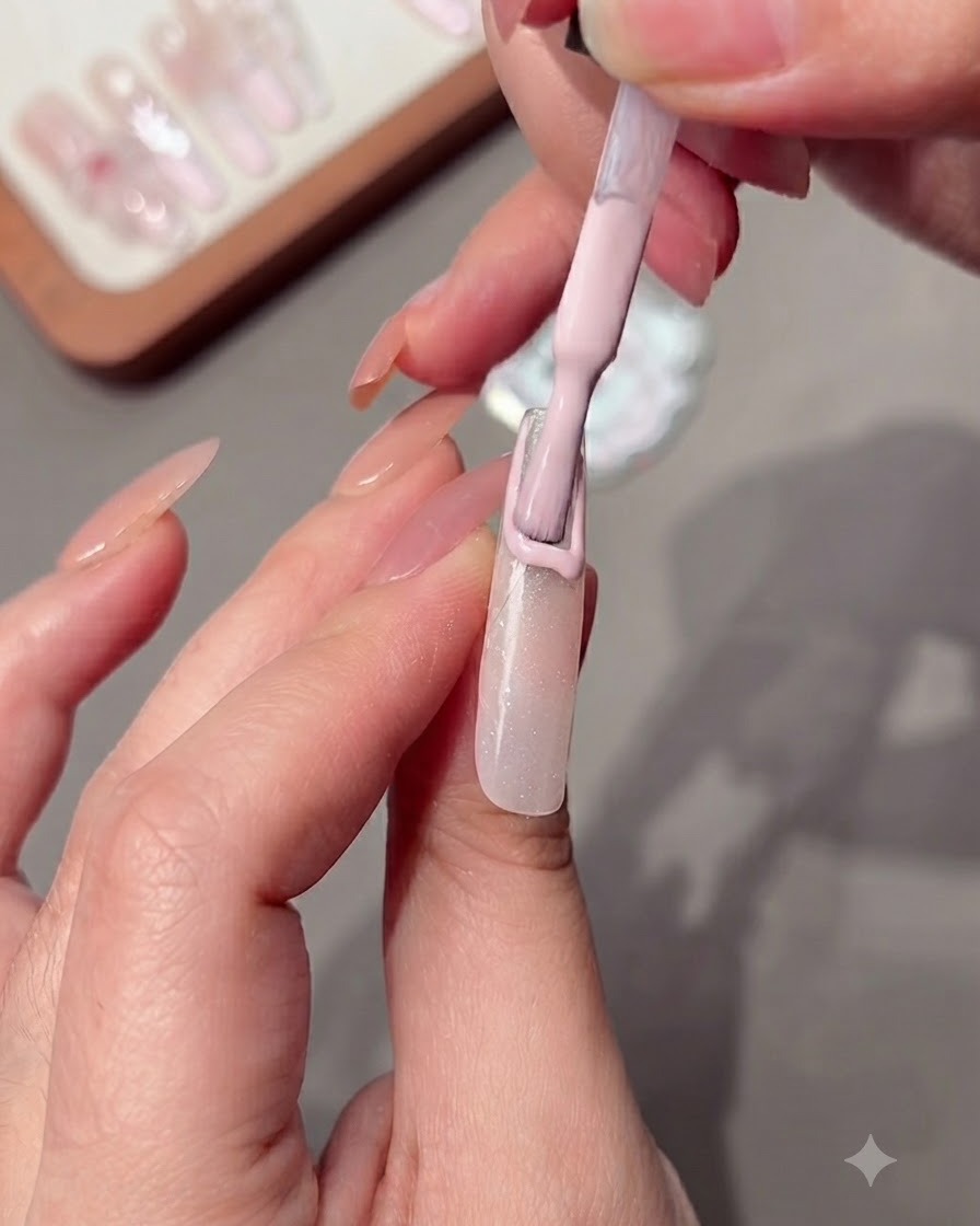 Du vernis gel rose nude appliqué le long de lautocollant guide.