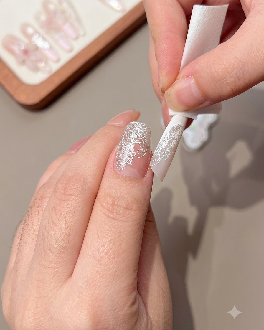 Gros plan dune main utilisant une lingette pour nettoyer lexcès de motif de dentelle sur le bord dun ongle décoré.