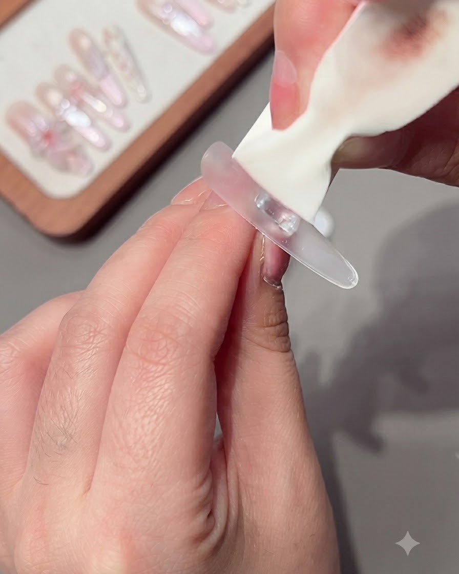 Une main utilisant une lingette pour nettoyer le gel de la surface dun ongle façonné.