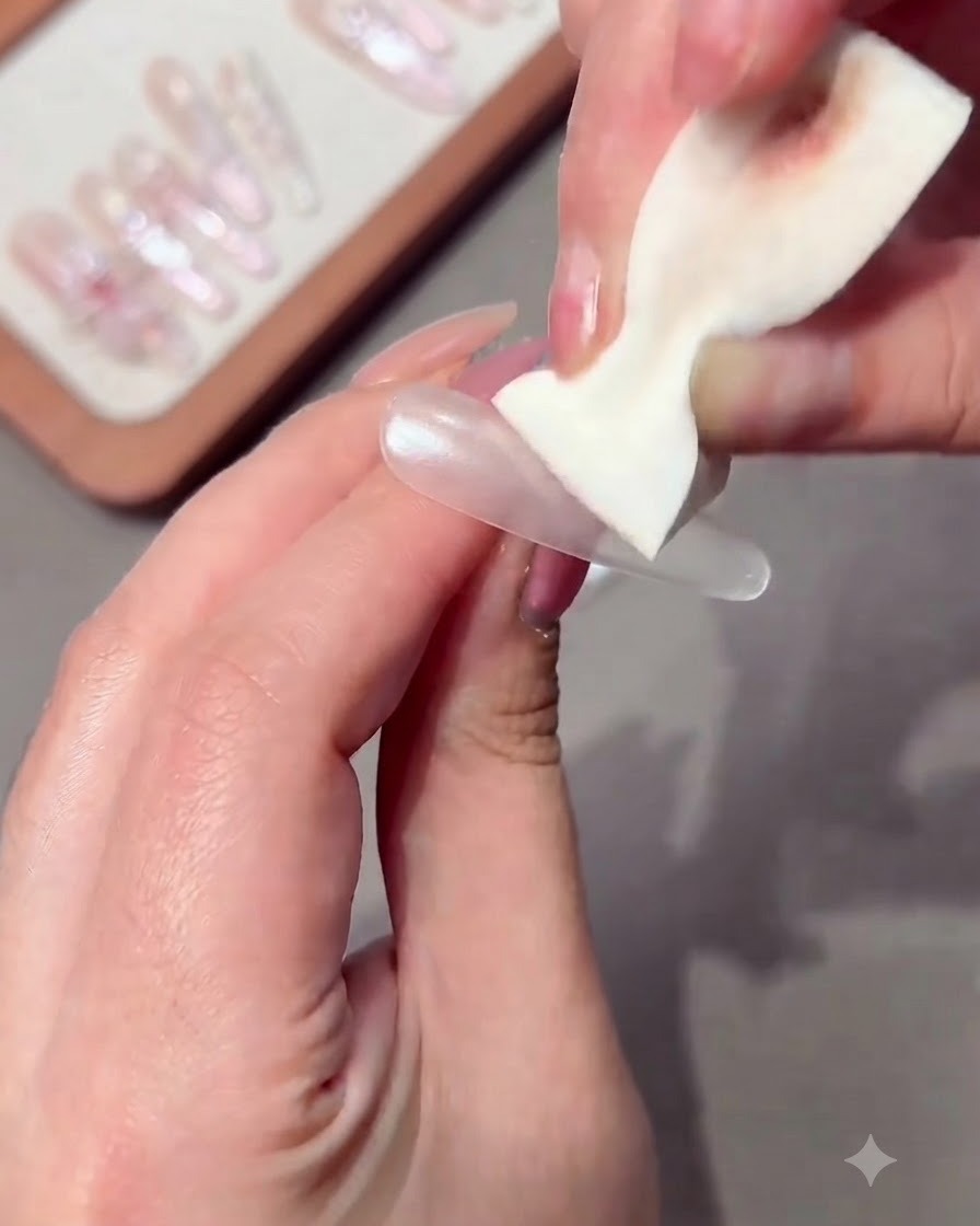 Une main appliquant du gel rose nude en demi-couche sur un ongle long.