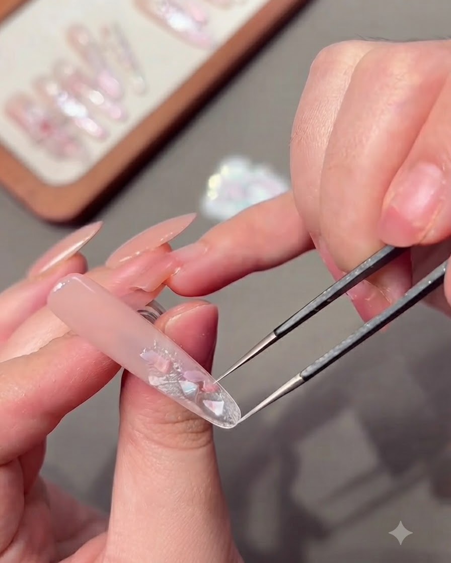 Une paire de pinces plaçant avec précaution de petits et grands morceaux de coquillage sur un ongle.