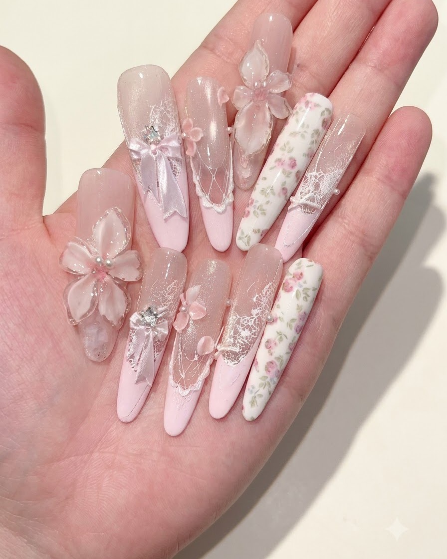 Une main tenant des ongles longs décorés avec des détails floraux et des nœuds texturés.
