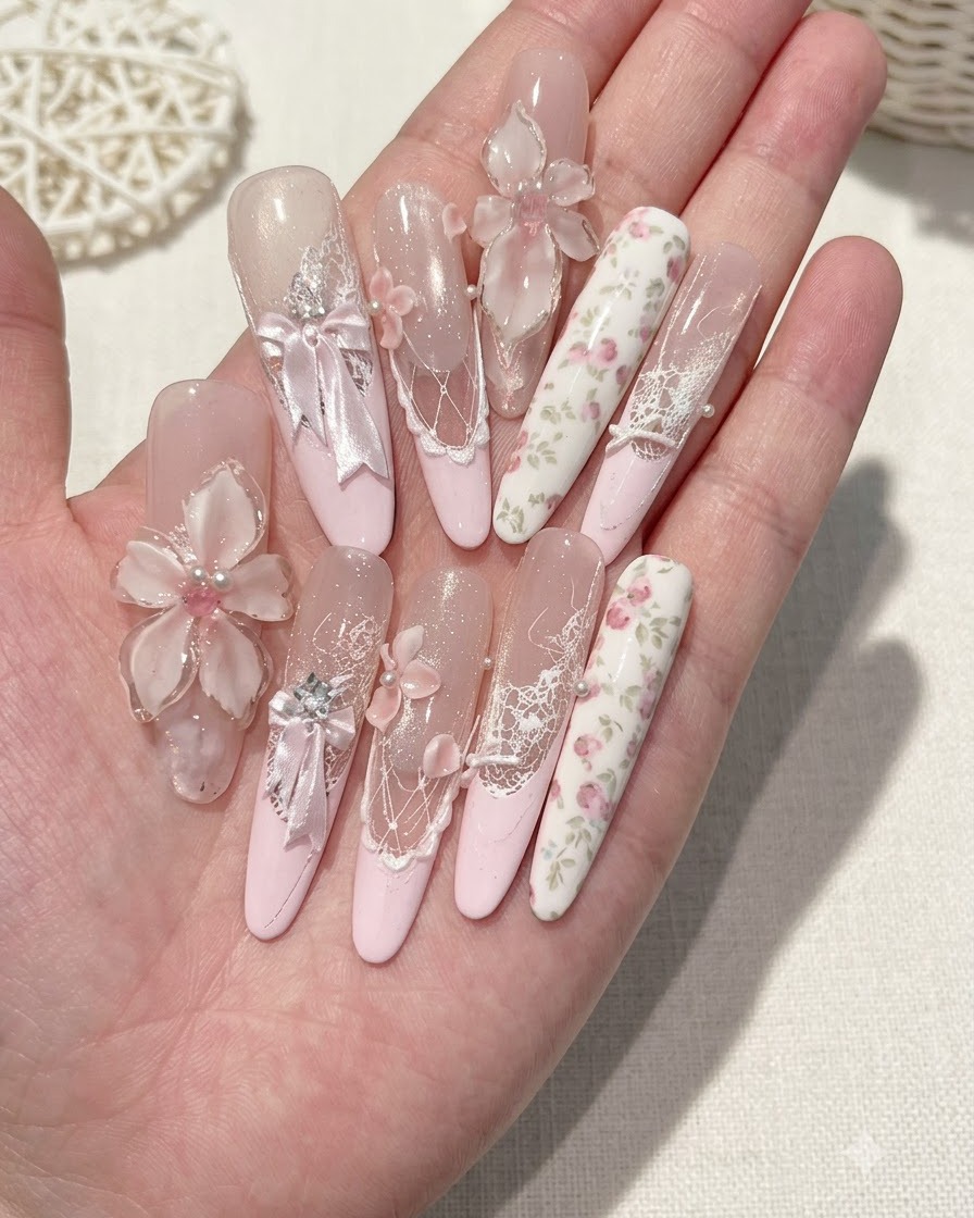 Gros plan dongles longs roses à fleurs tenus dans une paume ouverte.