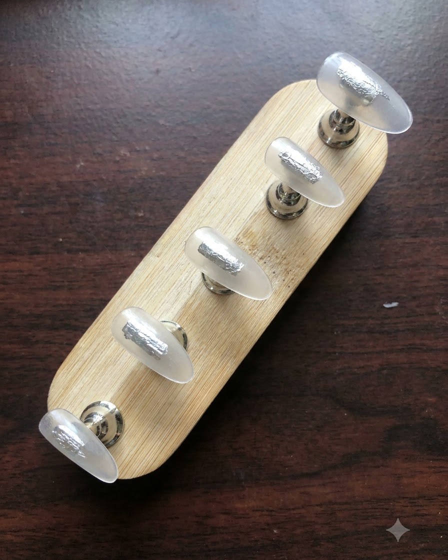 Cinq capsules transparentes solidement fixées à un présentoir en bois avec de la pâte adhésive argentée.