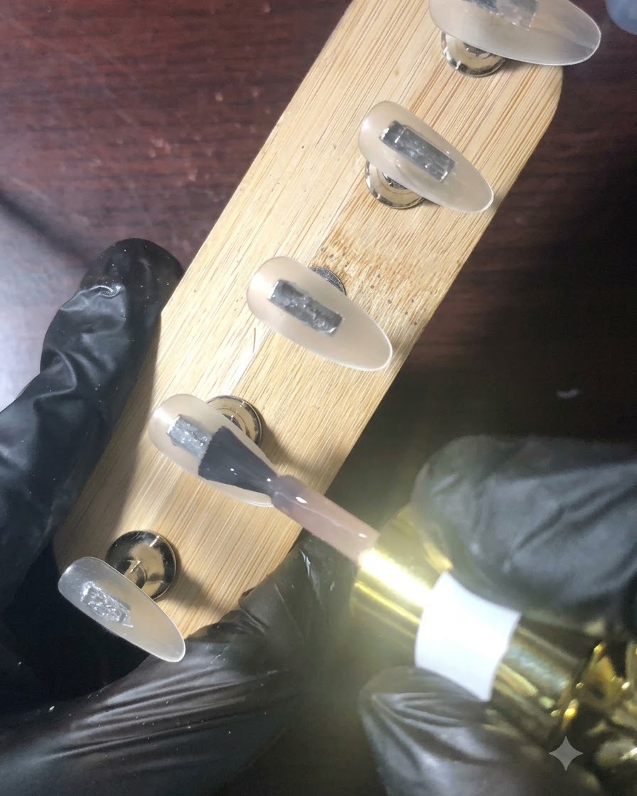 Gros plan dun pinceau appliquant du vernis gel jaune vif sur lextrémité dune capsule.