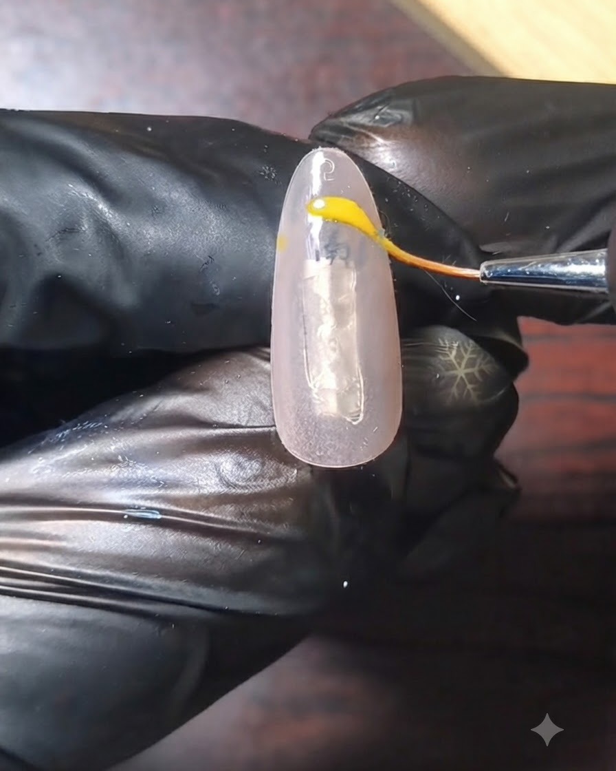 Un pinceau fin appliquant une ligne de french courbée jaune sur un ongle à base nude.