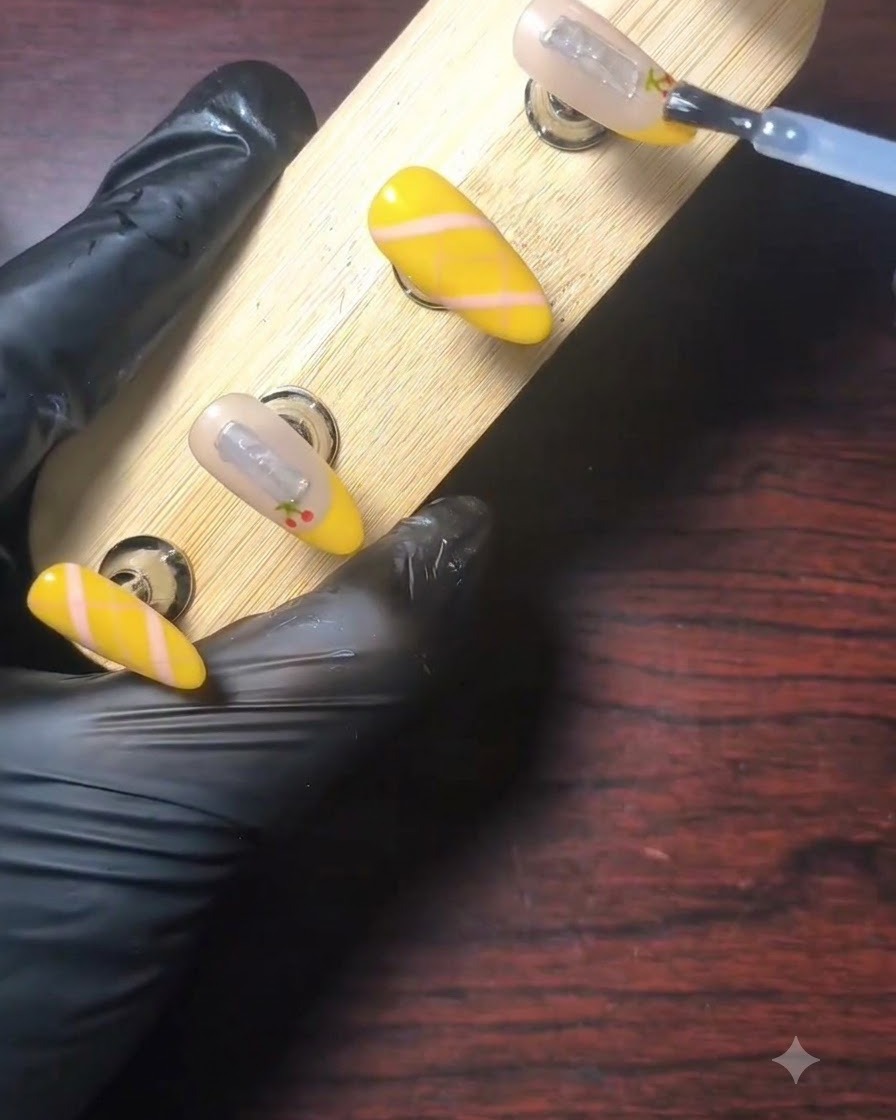 Une main gantée utilisant un pinceau pour appliquer un top coat transparent et brillant sur un ongle décoré de french jaune sur un présentoir en bois.