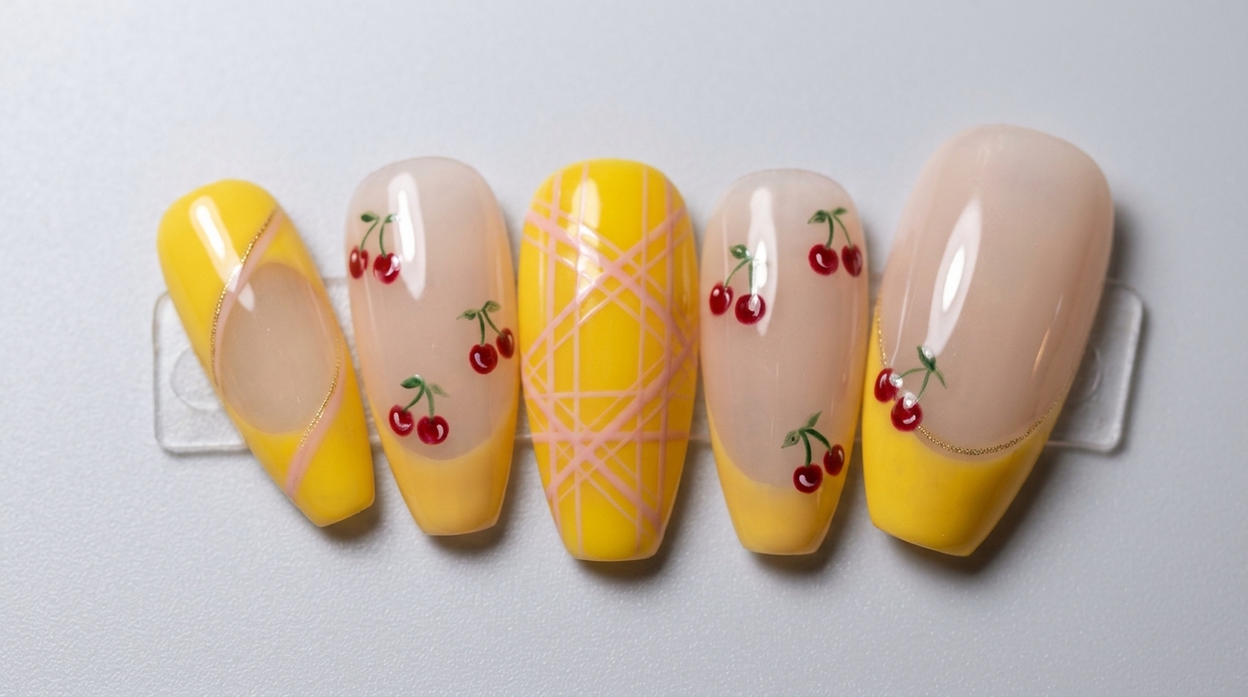 French Manucure Jaune, Motif Vichy et Cerises — Tutoriel Faux Ongles