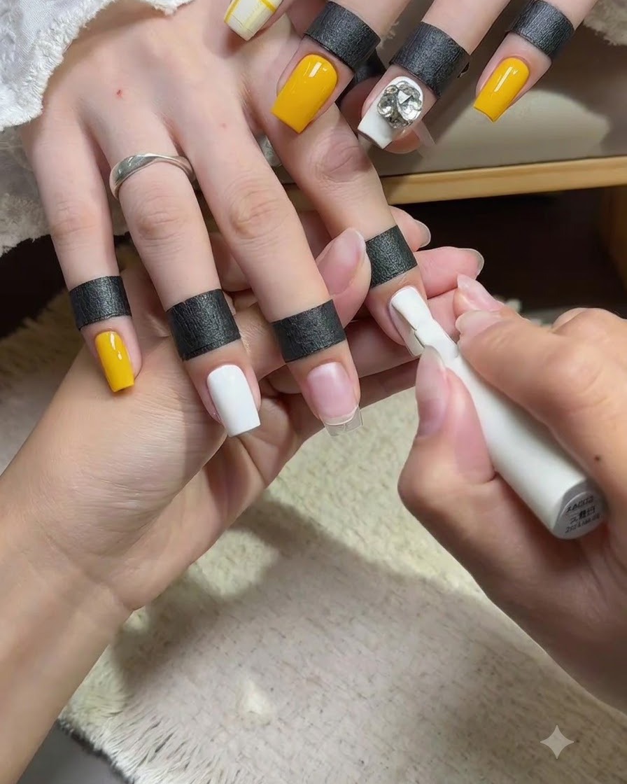 Un pinceau à ongles appliquant une couche lisse de vernis gel blanc opaque sur longle du majeur.