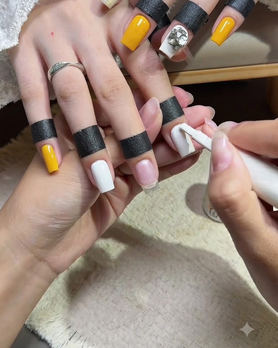 Une prothésiste ongulaire appliquant un vernis gel blanc opaque sur un ongle long carré de lannulaire, tandis que les autres ongles arborent une couleur jaune unie.