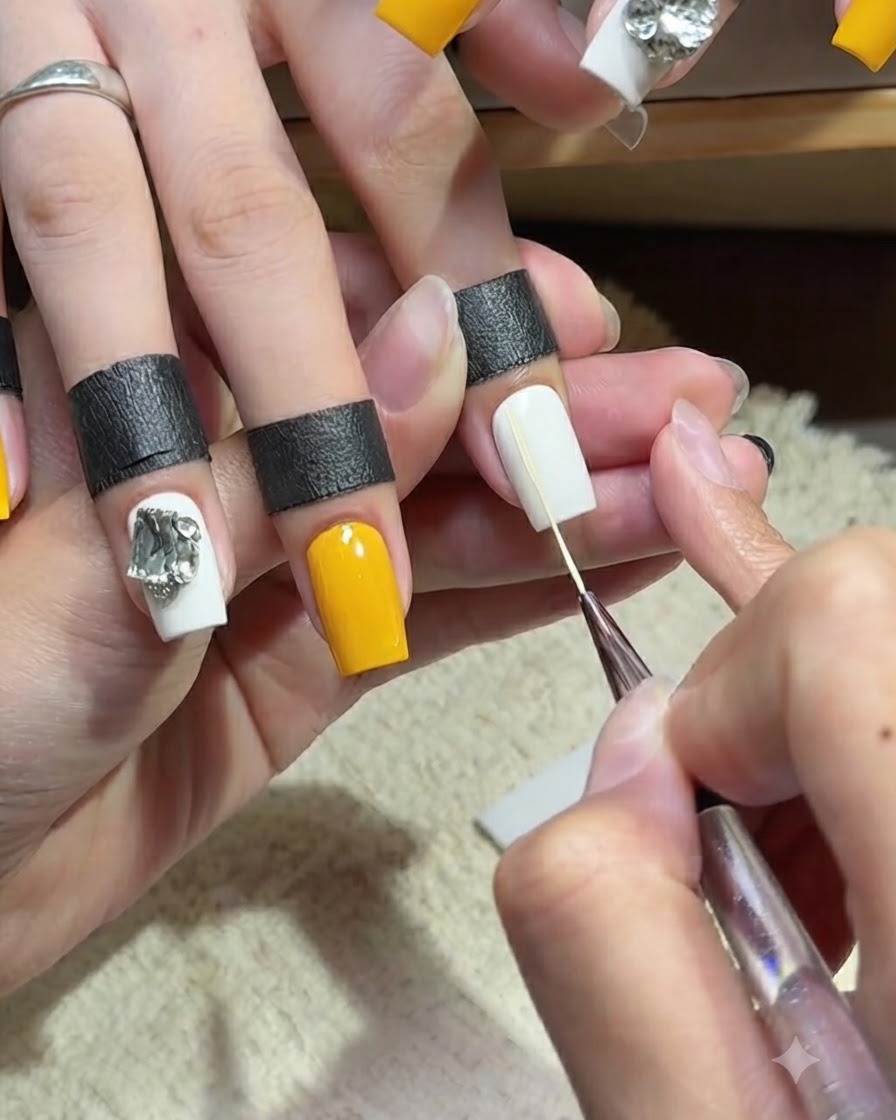 Un pinceau de nail art fin peignant une fine rayure jaune sur longle blanc uni de lannulaire.