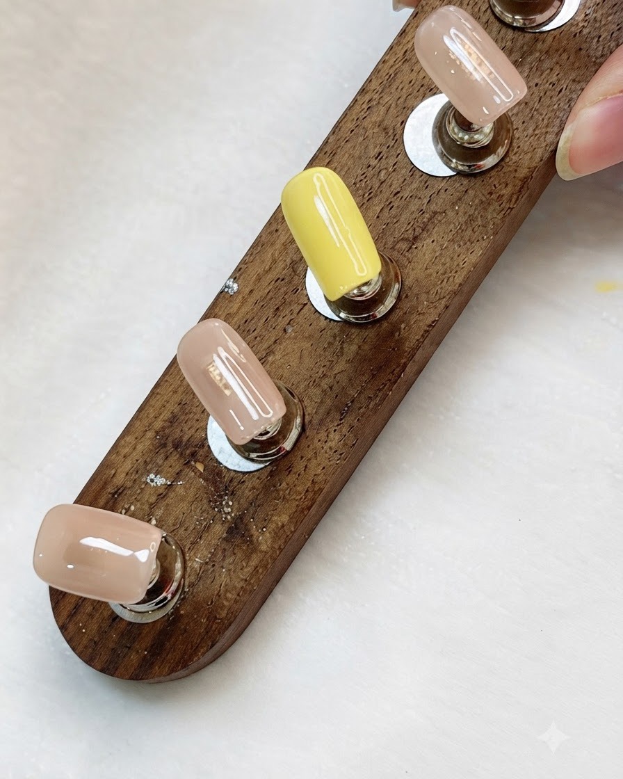Capsules dongles montrant une deuxième couche brillante et opaque de gel jaune et nude.