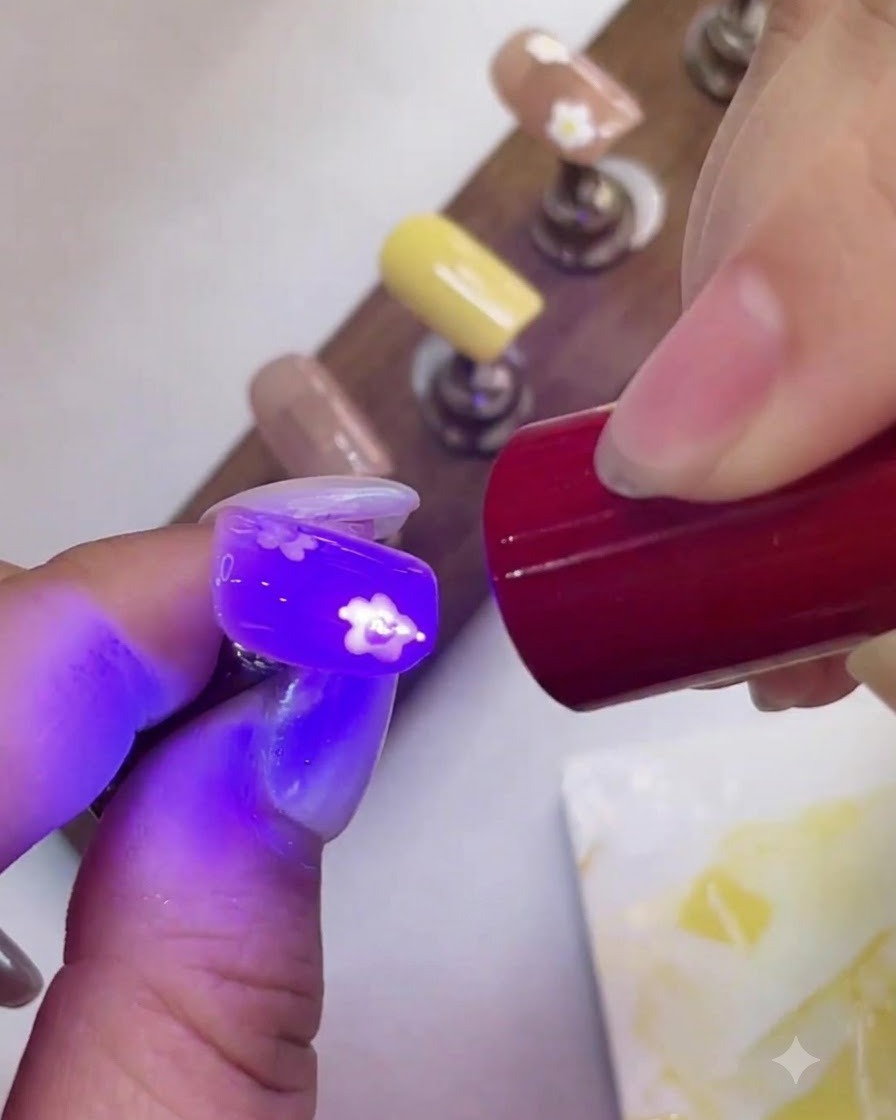 Une lampe UV stylo violette catalysant un centre de fleur jaune sur une capsule décorée.
