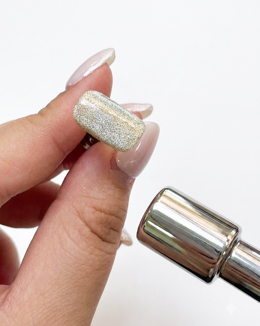 Une baguette magnétique en métal tenue près dune capsule en gel cat-eye scintillant pour aligner les particules magnétiques.