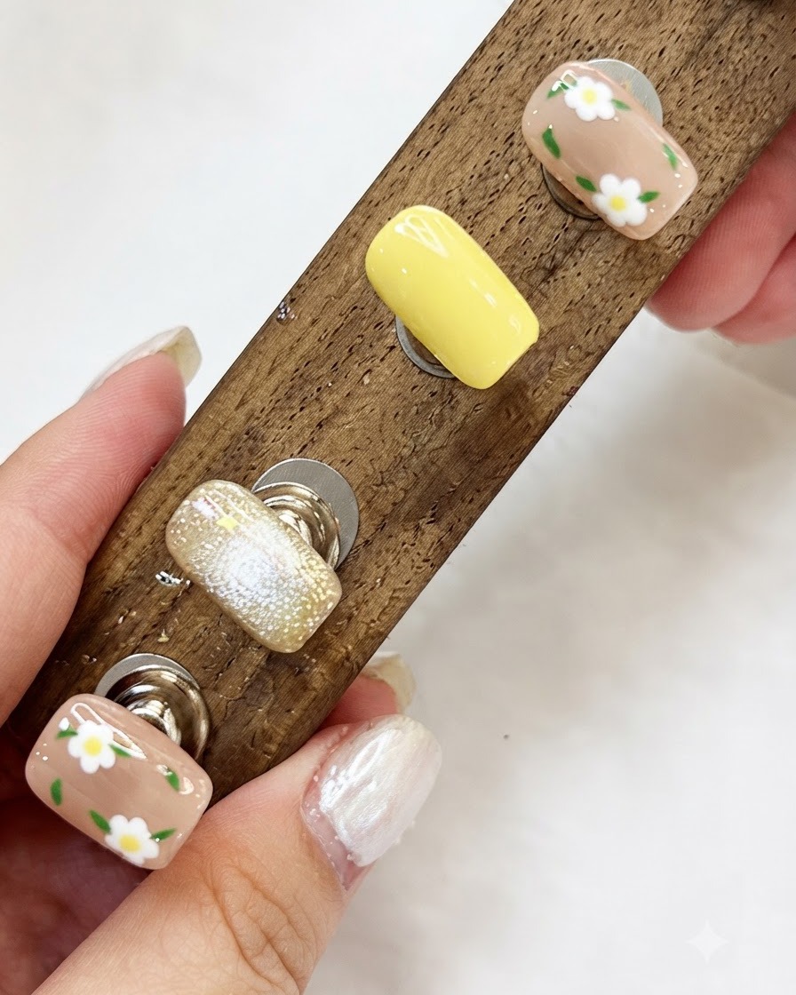 Un ensemble complet de capsules de nail art floral et cat-eye fixées sur un présentoir en bois.