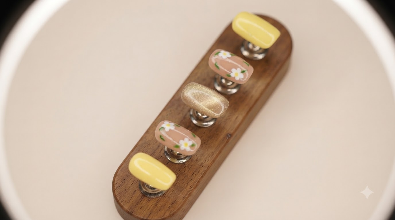 Gros plan sur le set de nail art printanier terminé, présentant des motifs floraux peints à la main sur des bases jaune lacté et nude, exposé sur un support en bois.