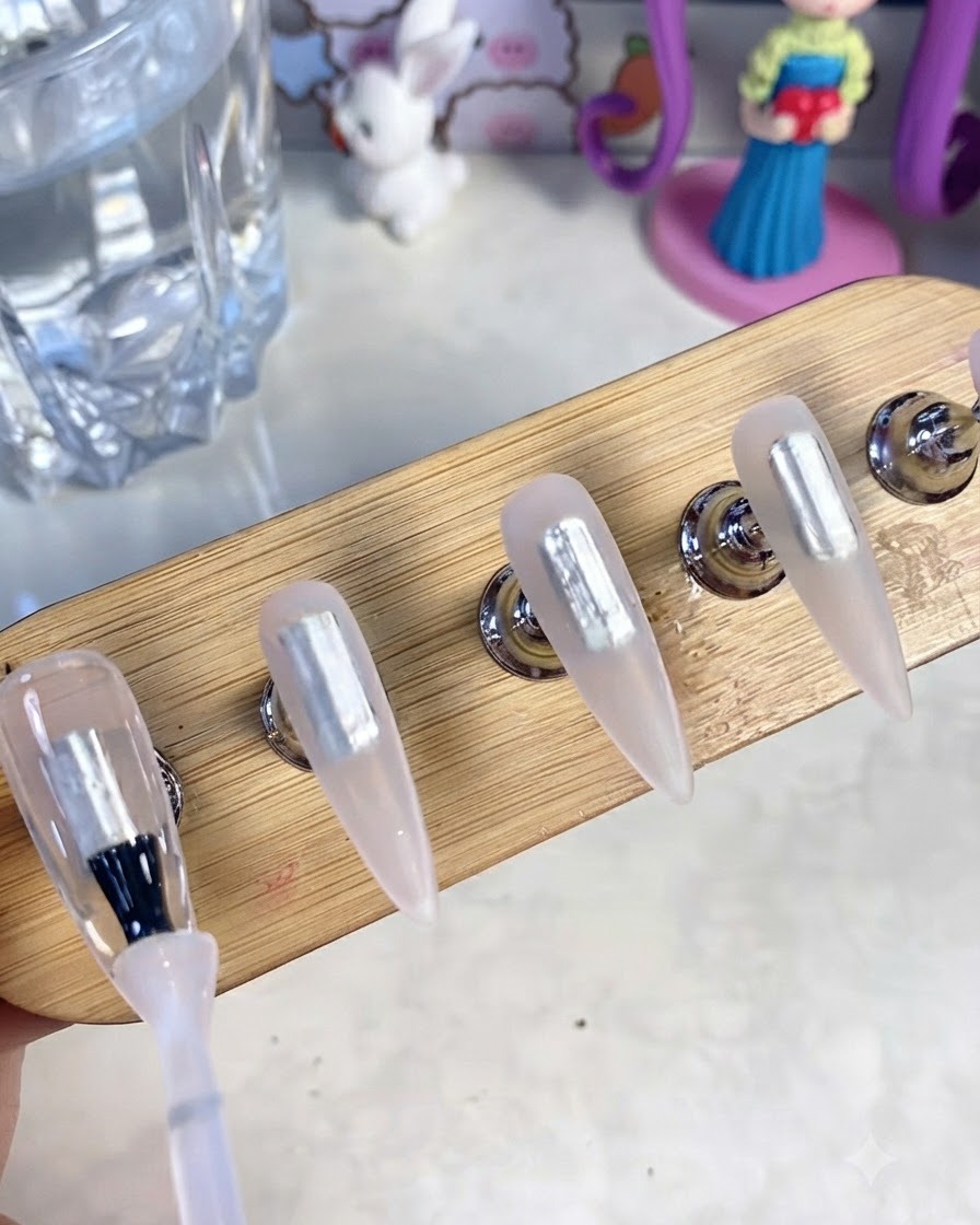 Gros plan dun pinceau à gel appliquant du gel de base transparent sur des capsules dongles artificiels vierges fixées sur un support en bois.