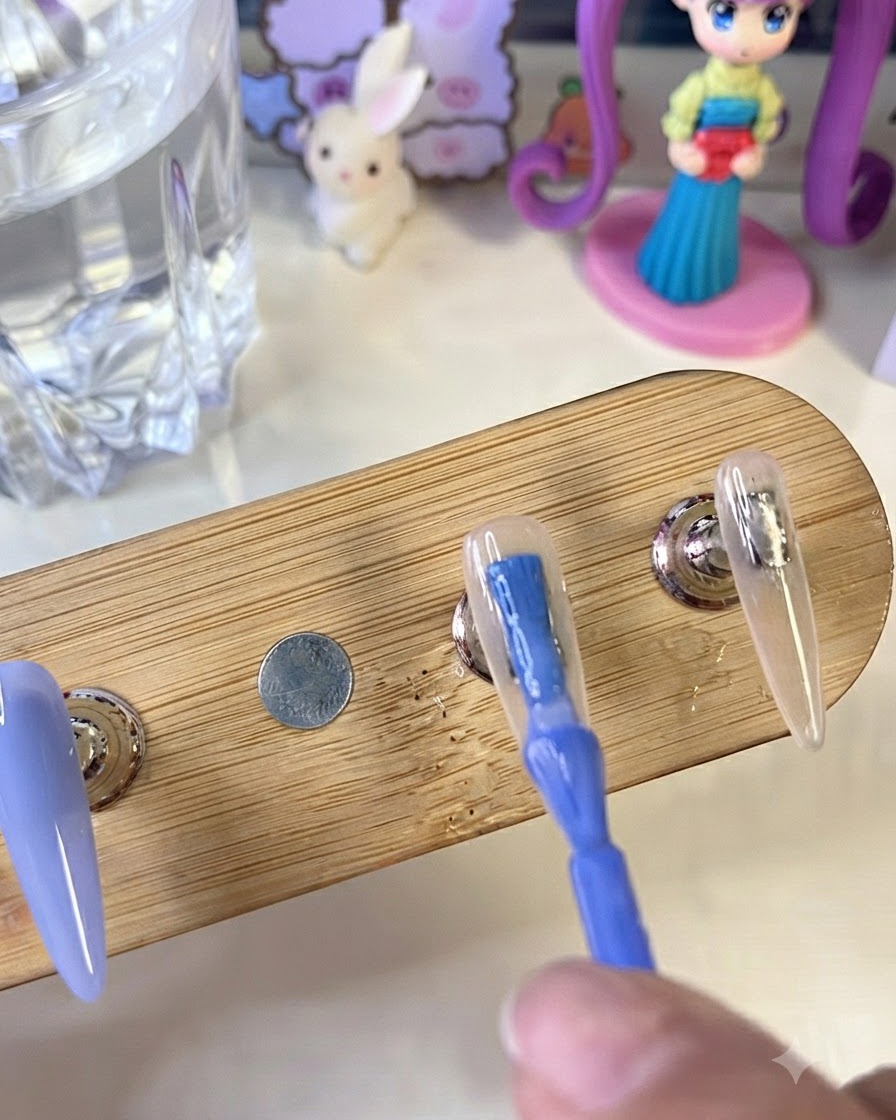 Un pinceau appliquant un vernis gel bleu vif sur une capsule dongle artificielle sur un support en bois, à côté dun ongle peint avec une base blanc laiteux.