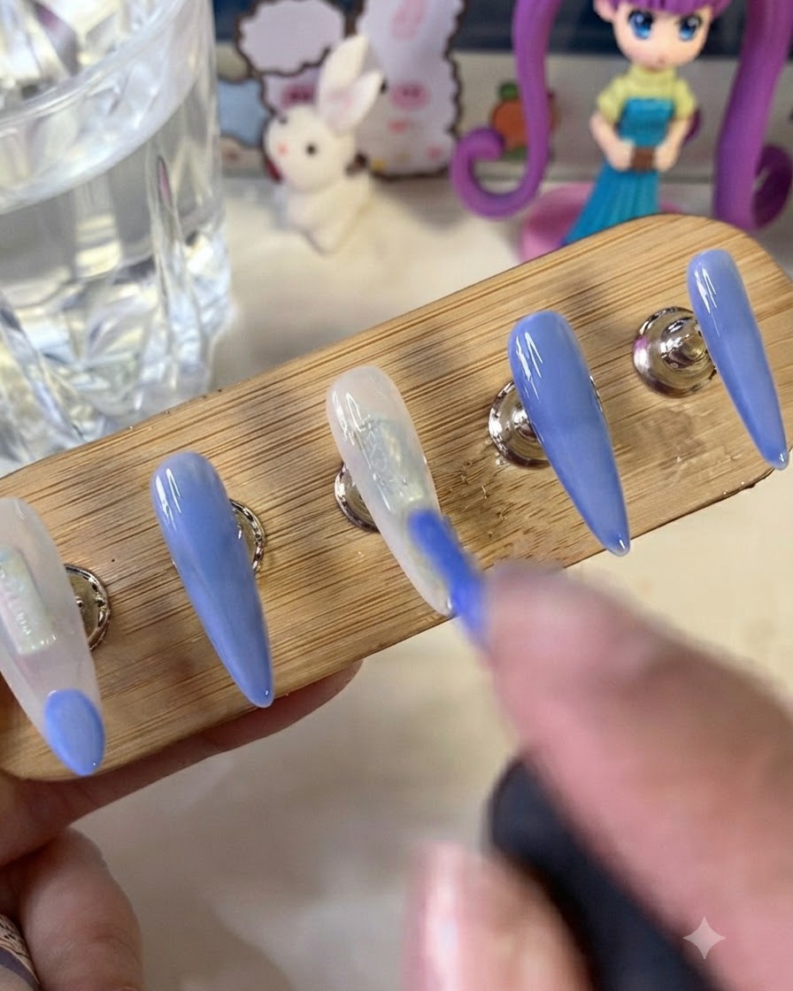 Un pinceau peignant activement un motif de french manucure bleu vif sur une base blanc laiteux sur une capsule dongle dentraînement.