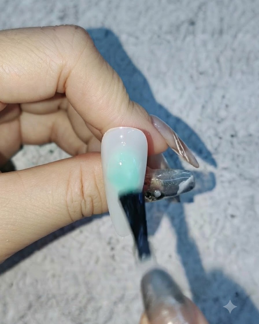 Un pinceau appliquant un top coat transparent mat sur une surface dongle vernie en blanc.