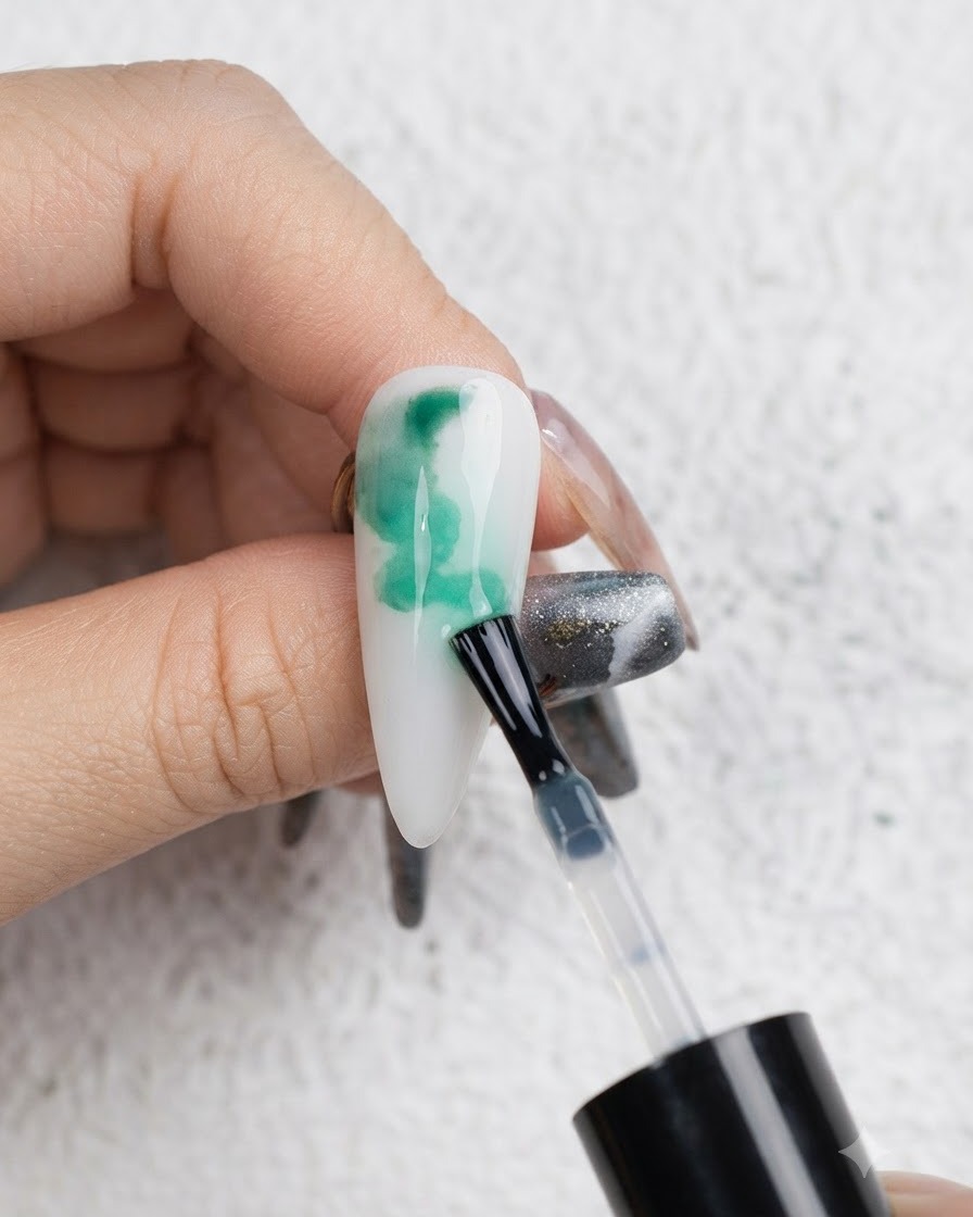 Un pinceau déposant du liquide blooming vert sur la surface de longle pour créer des formes organiques.
