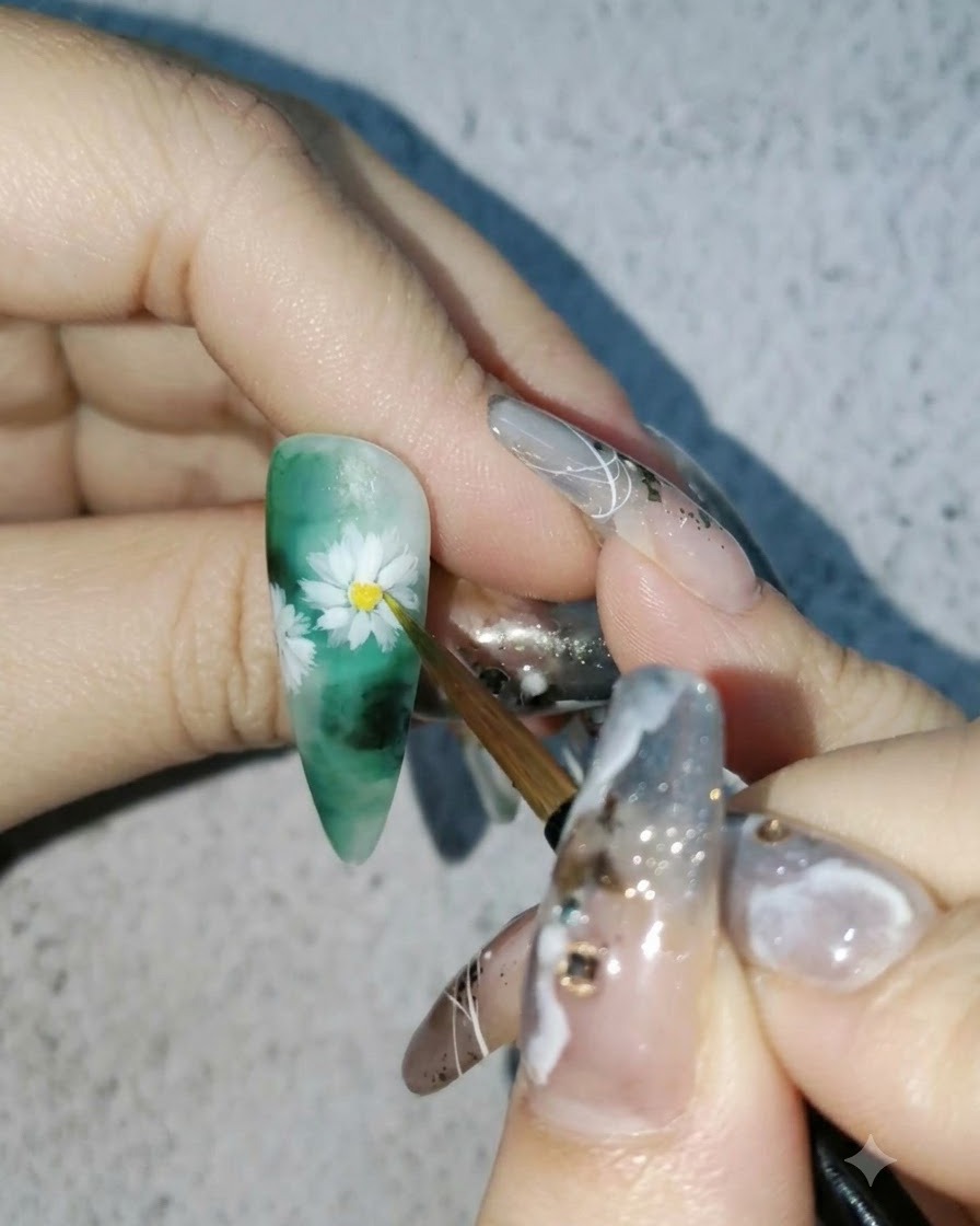 Un pinceau fin ajoutant de la peinture aquarelle jaune vibrante au centre dun design dongle marguerite blanche.