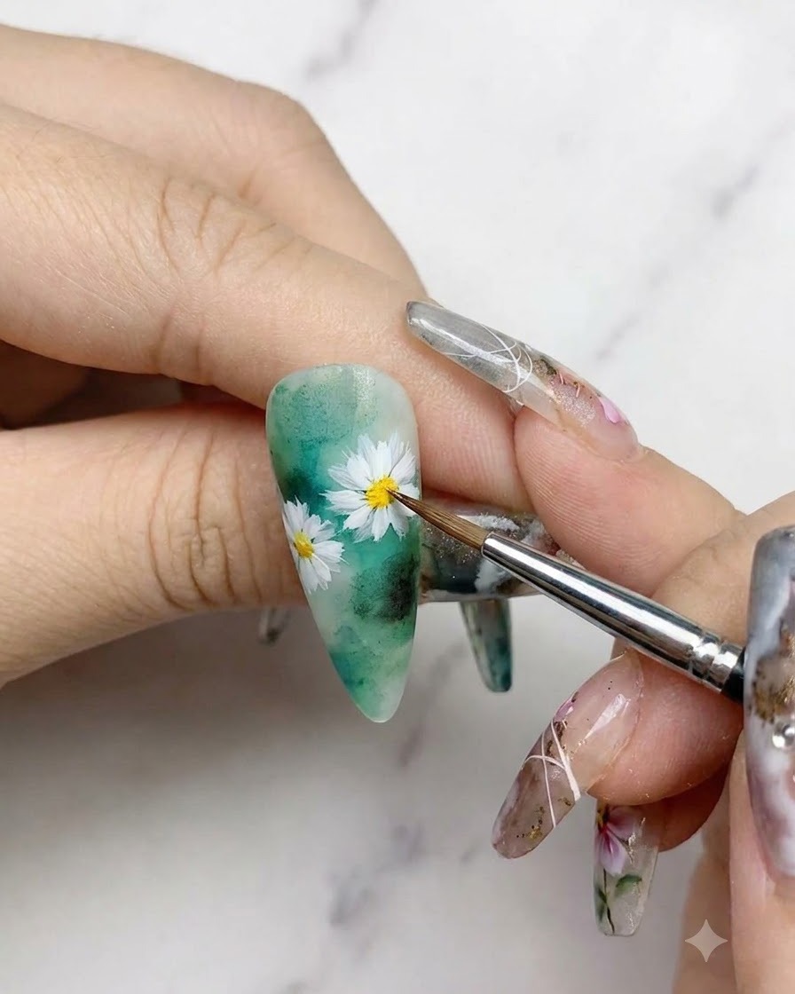 Un pinceau de nail art fin peignant de délicates feuilles et tiges vertes à côté de marguerites blanches sur un fond dongle aquarelle vert.