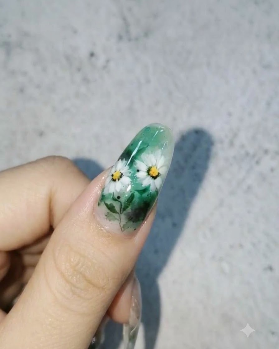 Un design dongle fini présentant des marguerites blanches et des feuilles sur un fond vert avec des gouttes deau 3D brillantes sur la surface.